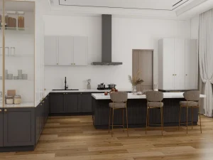 A modern kitchen design featuring plywood and wooden cabinets, with a large island and glass-fronted display cabinets.