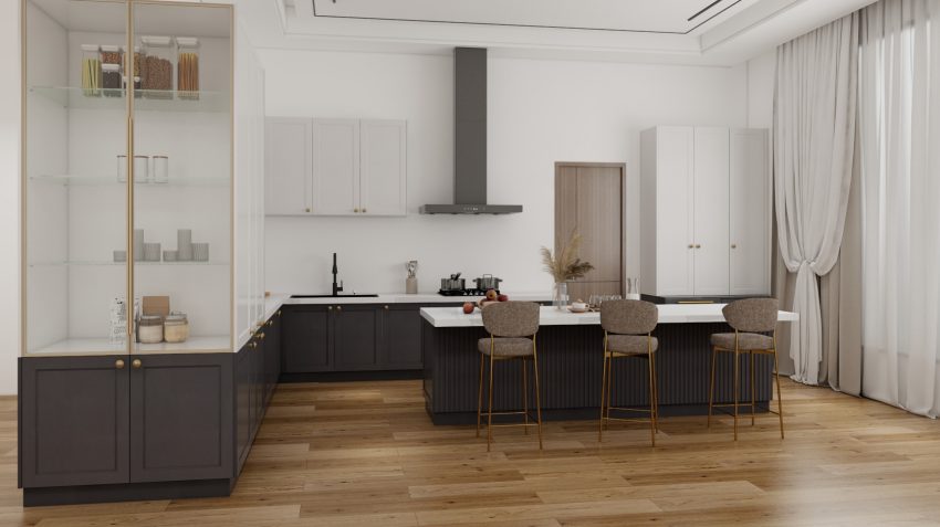 A modern kitchen design featuring plywood and wooden cabinets, with a large island and glass-fronted display cabinets.