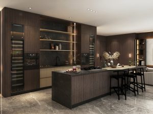 Modern kitchen with dark wood cabinetry, stone countertops, and integrated appliances.