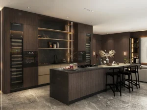 Modern kitchen with dark wood cabinetry, stone countertops, and integrated appliances.