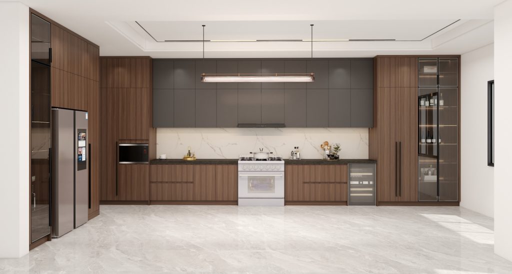 Modern kitchen with two-tone cabinetry, integrated appliances, and a minimalist design.