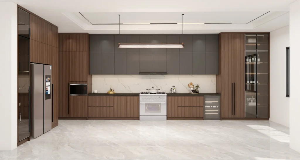 Modern kitchen with two-tone cabinetry, integrated appliances, and a minimalist design.