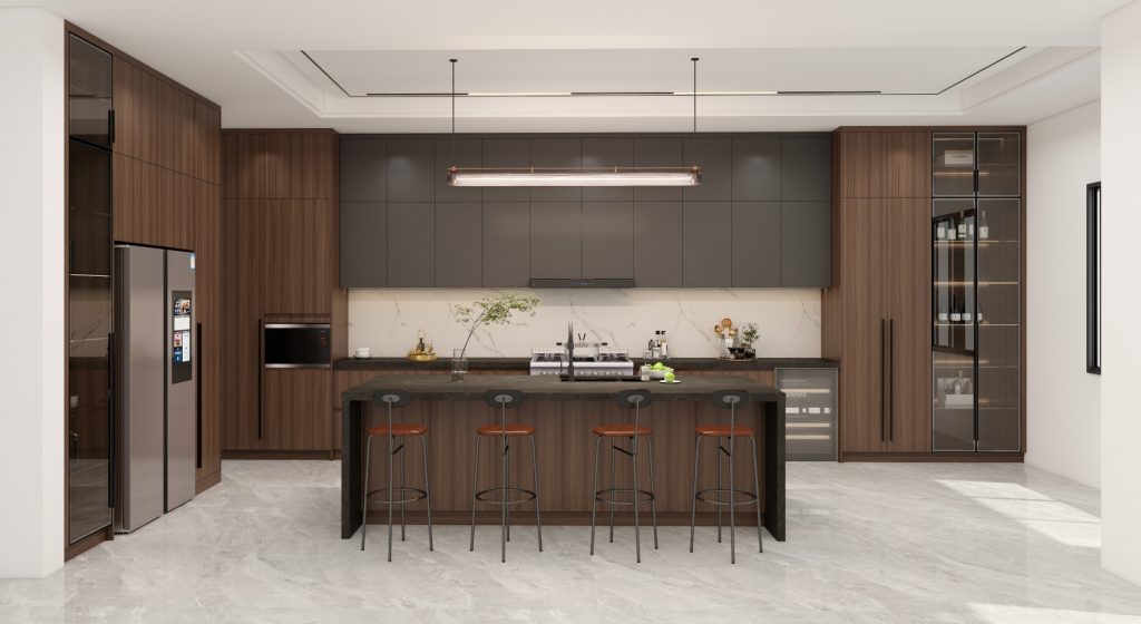 Modern kitchen with Minimalist Black Marble Elegance featuring dark wood cabinetry, a central island with seating, and integrated appliances.