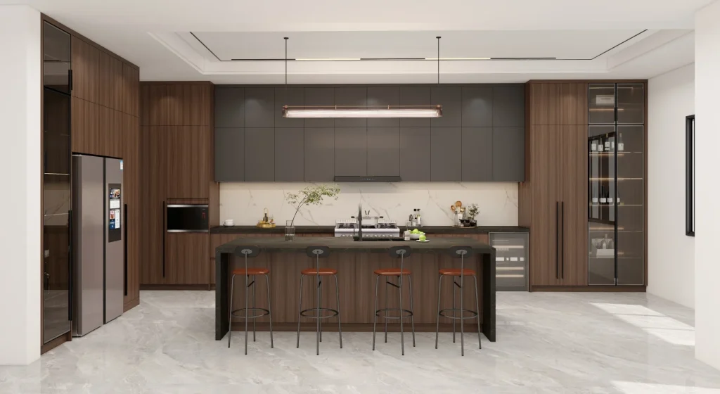 Modern kitchen with Minimalist Black Marble Elegance featuring dark wood cabinetry, a central island with seating, and integrated appliances.