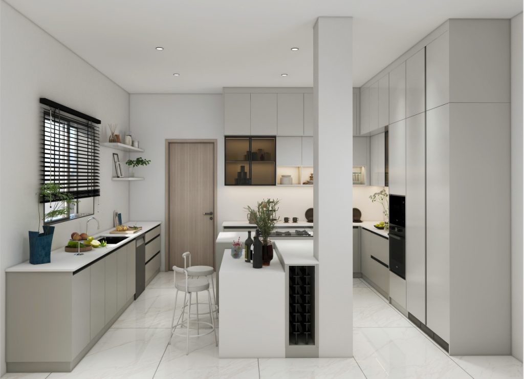 Modern U-shaped kitchen featuring light grey cabinetry, an integrated island, and open shelving.