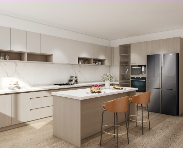 U-shaped kitchen featuring light wood cabinets, marble backsplash, and a central island with seating.