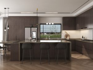 Contemporary kitchen with wooden cabinets, a large island, and integrated appliances