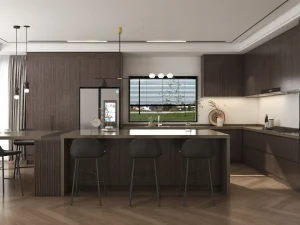 Contemporary kitchen with wooden cabinets, a large island, and integrated appliances