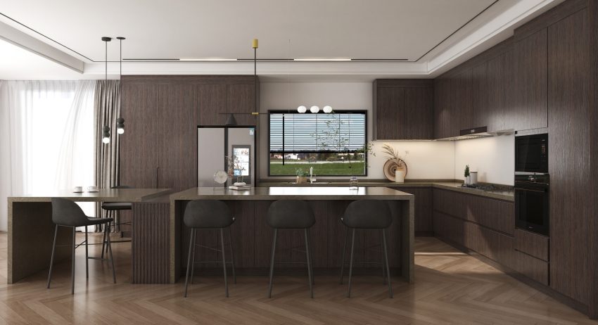 Contemporary kitchen with wooden cabinets, a large island, and integrated appliances