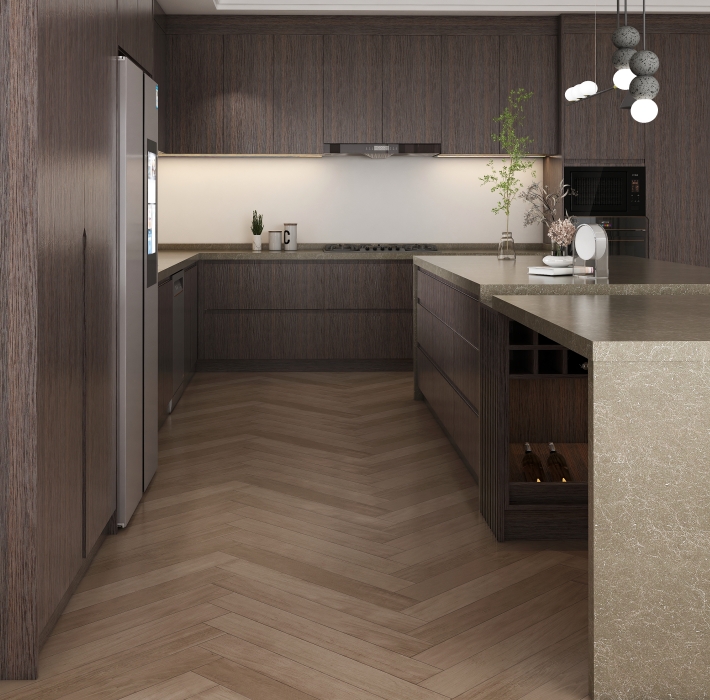 Sleek kitchen with modern wooden cabinets and a durable plywood finish