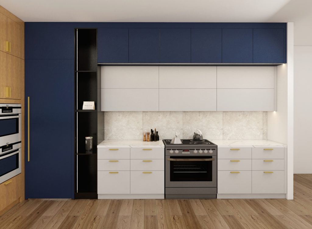 A modern kitchen showcasing blue and gray cabinetry with sleek black shelving, accompanied by stainless steel appliances and warm wooden flooring.