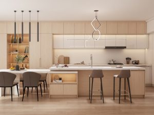 Modern kitchen featuring sleek cabinetry, integrated lighting, and a spacious island for a stylish cabinet renovation.