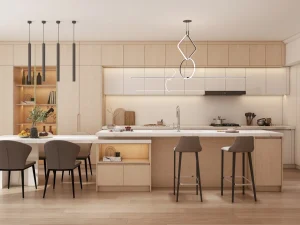 Modern kitchen featuring sleek cabinetry, integrated lighting, and a spacious island for a stylish cabinet renovation.