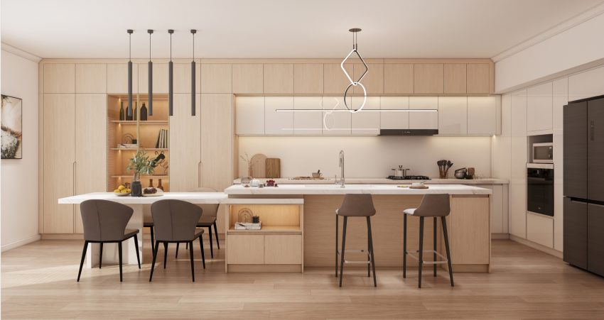 Modern kitchen featuring sleek cabinetry, integrated lighting, and a spacious island for a stylish cabinet renovation.
