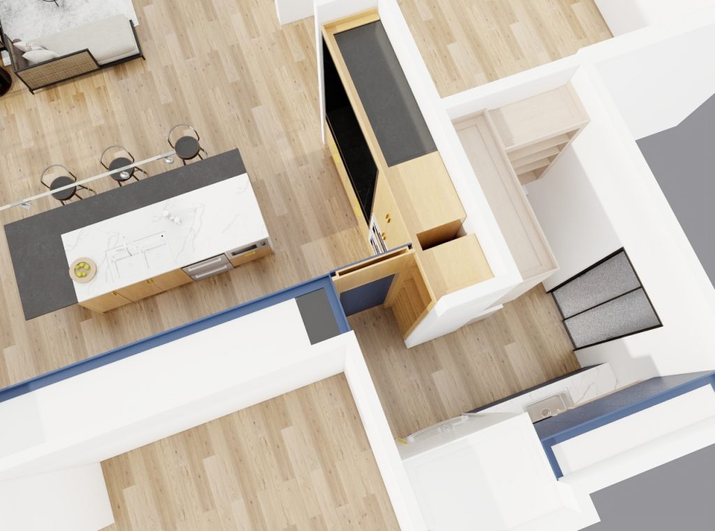 Aerial view of a modern kitchen layout featuring blue and wood cabinetry with a spacious island and sleek black countertops.