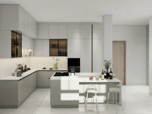 Minimalist kitchen with sleek grey cabinetry, an integrated island, and modern appliances.