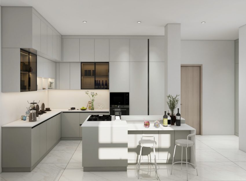 Minimalist kitchen with sleek grey cabinetry, an integrated island, and modern appliances.