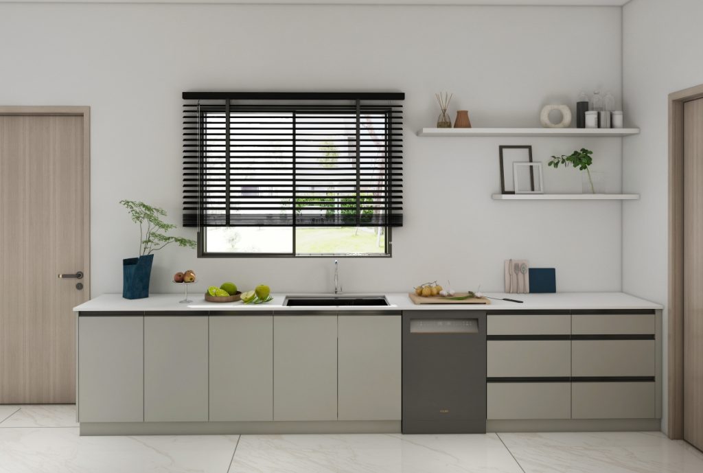 Minimalist kitchen featuring light grey cabinets, open shelving, and a large window with black blinds.
