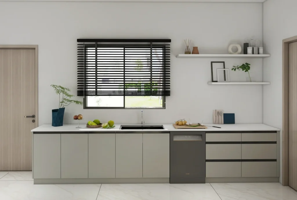 Minimalist kitchen featuring light grey cabinets, open shelving, and a large window with black blinds.