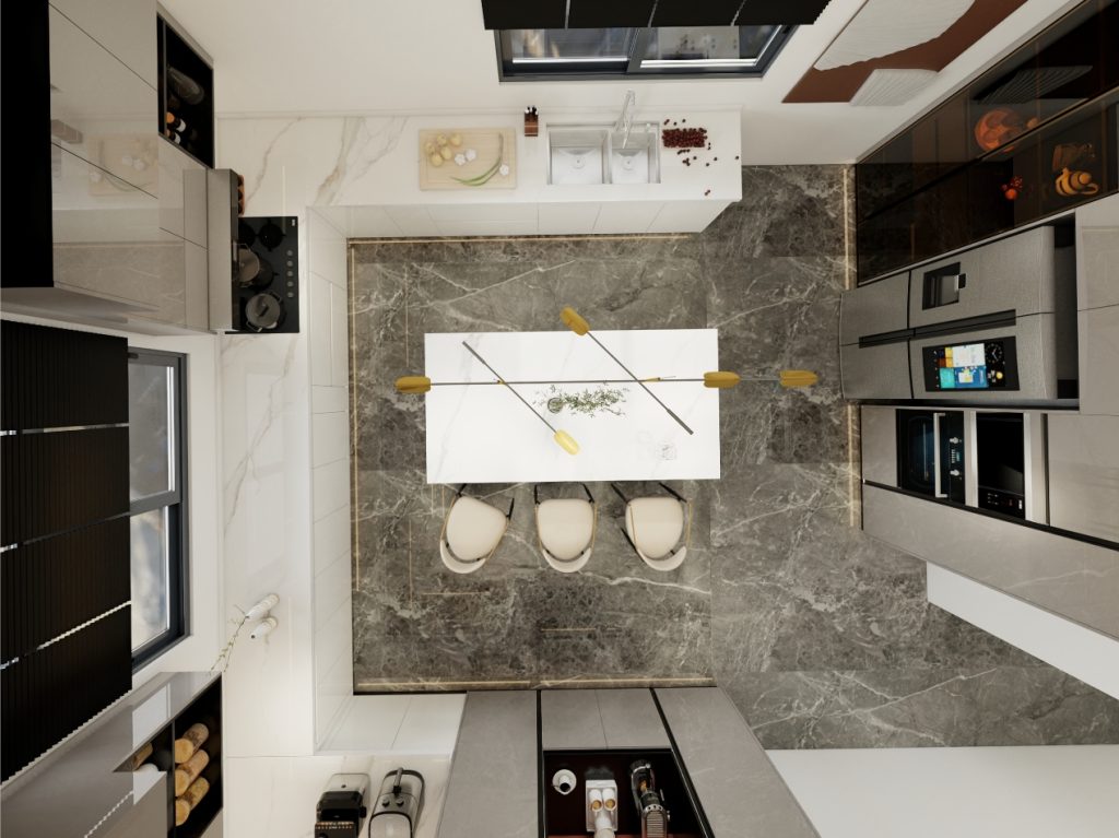 Aerial view of a modern kitchen with custom cabinetry and a central marble island, designed by a professional cabinet maker.