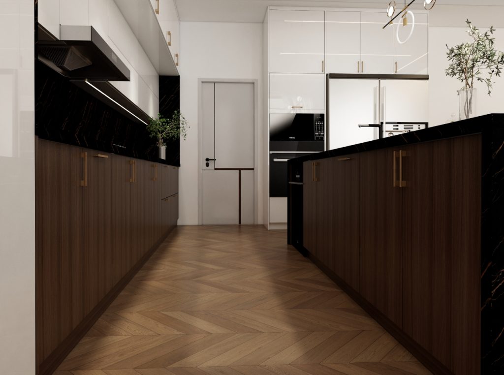 Stylish kitchen with glossy white cabinets, black accents, and stainless steel finishes.