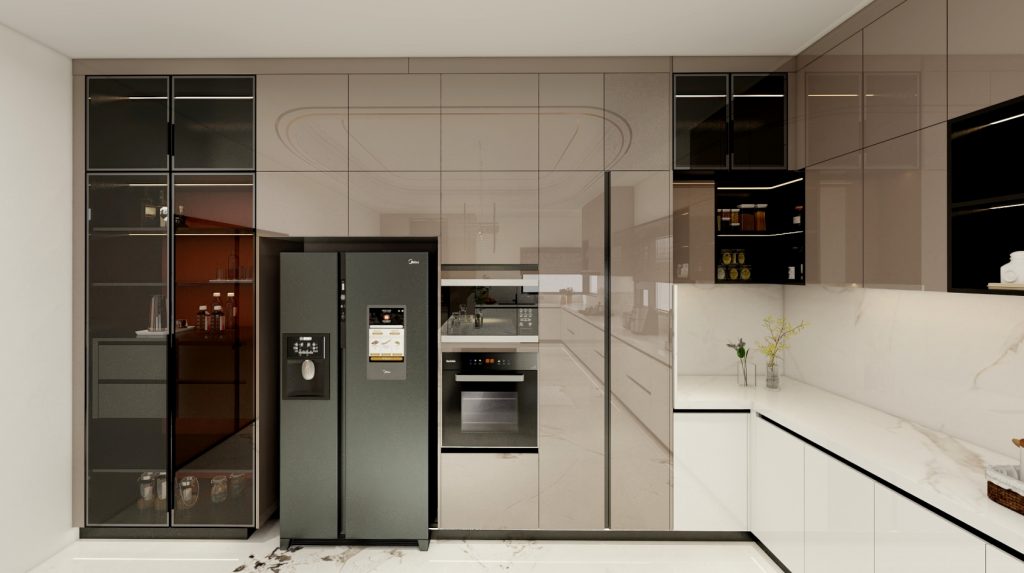 Modern kitchen with integrated appliances, glossy cabinets, and a sleek refrigerator.