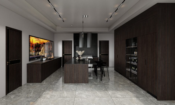 Modern minimalist kitchen with dark wood cabinets, marble flooring, and integrated appliances.