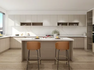 A modern kitchen showcasing sleek wooden veneer cabinetry, marble backsplash, and a central island with seating.