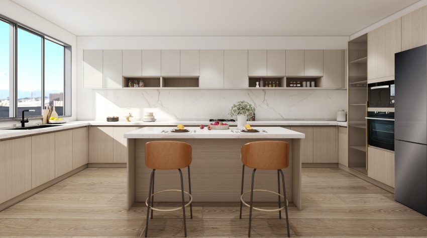 A modern kitchen showcasing sleek wooden veneer cabinetry, marble backsplash, and a central island with seating.