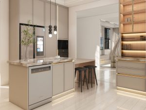 Modern kitchen featuring sleek wooden veneer cupboards with subtle lighting accents and integrated appliances.