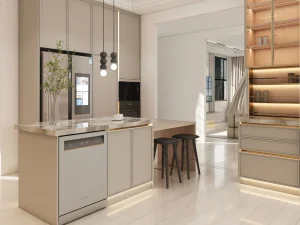 Modern kitchen featuring sleek wooden veneer cupboards with subtle lighting accents and integrated appliances.