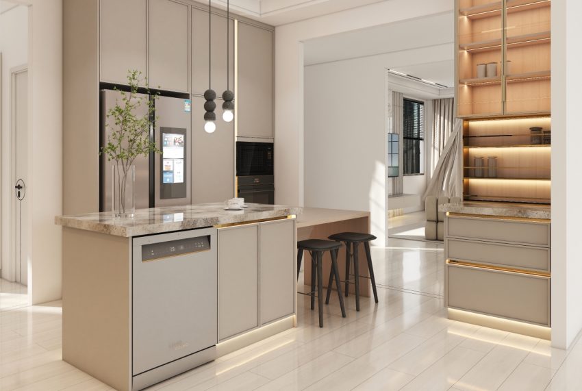 Modern kitchen featuring sleek wooden veneer cupboards with subtle lighting accents and integrated appliances.