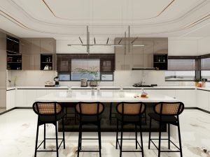 Modern kitchen with glossy wooden veneer cabinetry, large island, and sleek contemporary design.