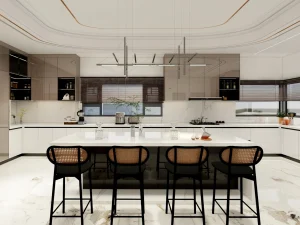 Modern kitchen with glossy wooden veneer cabinetry, large island, and sleek contemporary design.