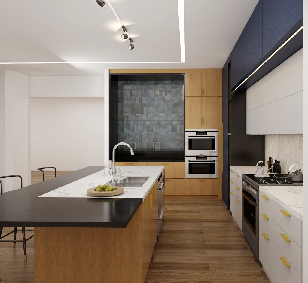 A sleek kitchen design featuring wood and blue cabinetry, black countertops, and stainless steel appliances, with a stylish island and warm wood flooring.