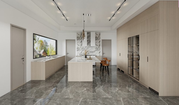 Large modern kitchen featuring marble accents, a central island, and light wood cabinets with a sleek design.