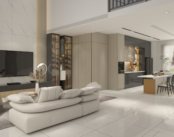 Modern minimalist kitchen with integrated wine storage, sleek cabinetry, and a spacious open-concept layout.
