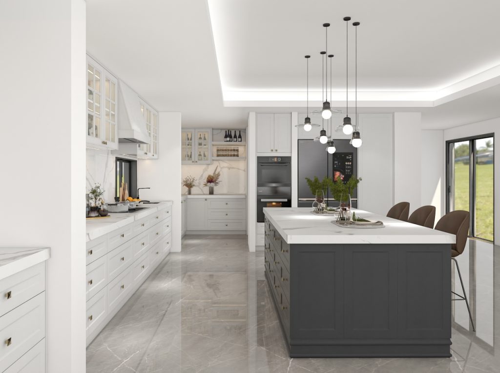 A spacious kitchen featuring light plywood cabinets, a large marble island, and modern pendant lighting, designed for a contemporary and functional space.