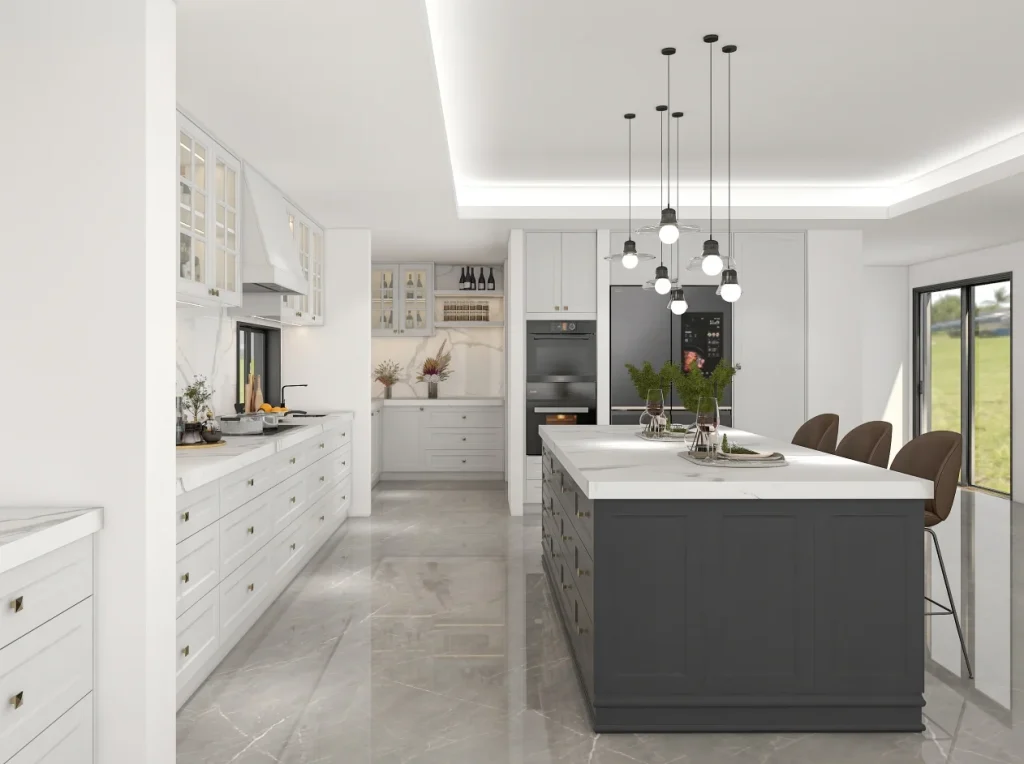 A spacious kitchen featuring light plywood cabinets, a large marble island, and modern pendant lighting, designed for a contemporary and functional space.
