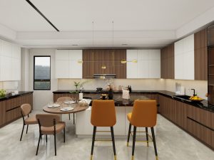 Contemporary kitchen with two-tone wood and white cabinets, a central island with seating, and modern pendant lighting.