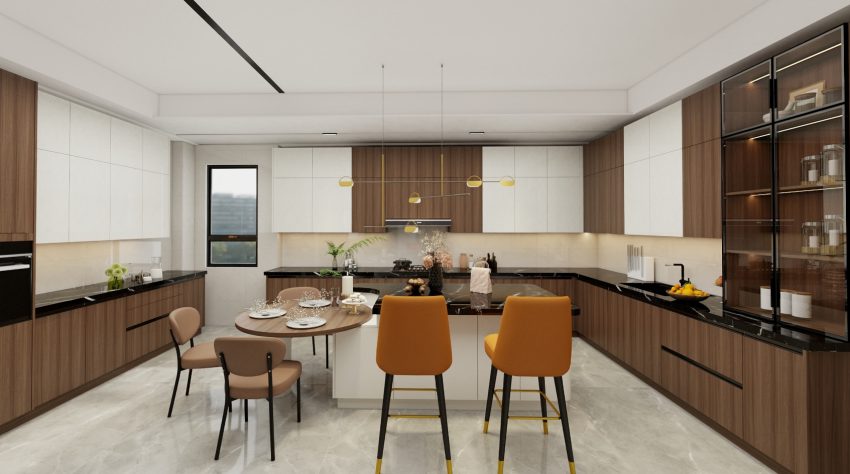 Contemporary kitchen with two-tone wood and white cabinets, a central island with seating, and modern pendant lighting.