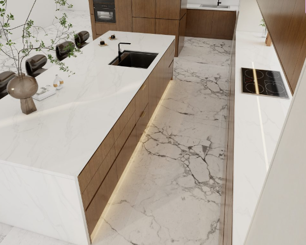 Close-up view of a modern minimalist kitchen with walnut cabinets and sleek marble countertops.