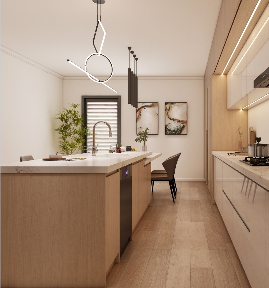 Sleek kitchen with modern cabinetry, integrated appliances, and a spacious island, ideal for a contemporary cabinet renovation.