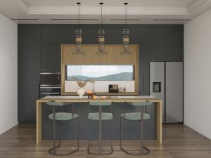 A sleek and modern one-wall kitchen with two-tone cabinetry, featuring dark gray and light wood finishes.