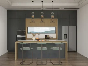 A sleek and modern one-wall kitchen with two-tone cabinetry, featuring dark gray and light wood finishes.