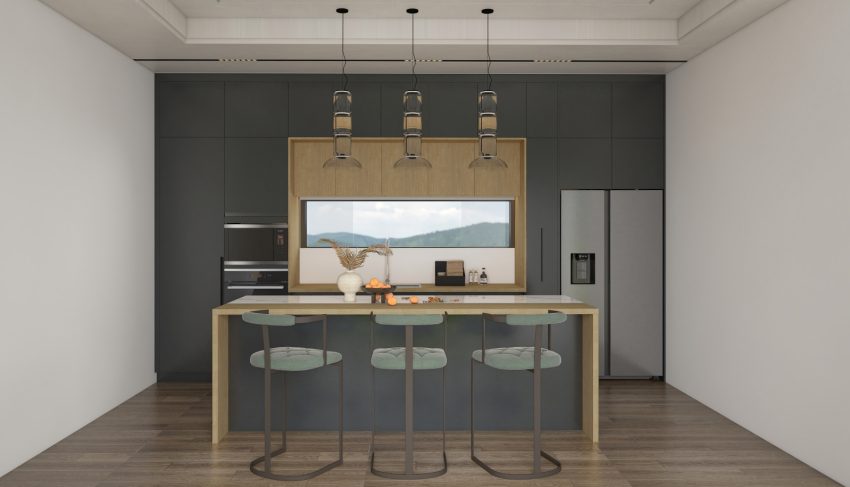 A sleek and modern one-wall kitchen with two-tone cabinetry, featuring dark gray and light wood finishes.