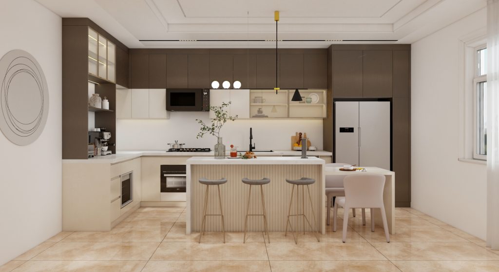 Modern kitchen with two-tone cabinets, integrated appliances, and a breakfast bar with seating.