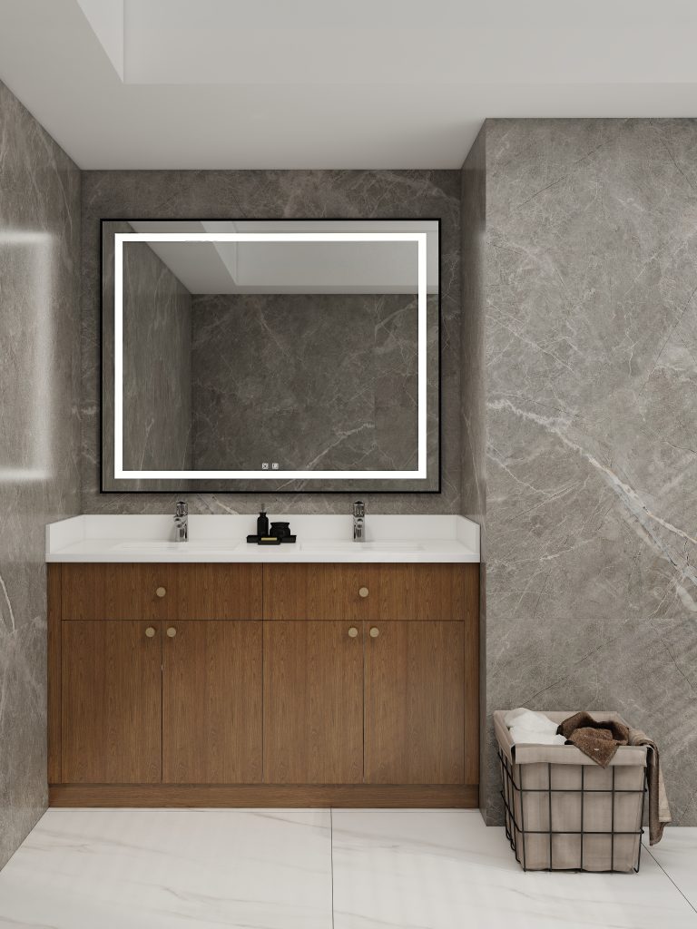 Elegant bathroom with a walnut vanity and white countertop, set against sophisticated marble walls and featuring a large illuminated mirror.