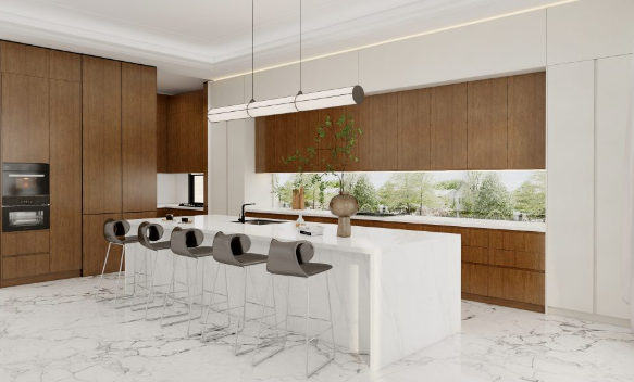 Modern minimalist kitchen with warm walnut cabinets, a white marble island, and integrated appliances.