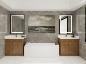 Luxurious bathroom featuring two walnut vanities with white countertops, set against a backdrop of marble walls and centered around a modern bathtub.